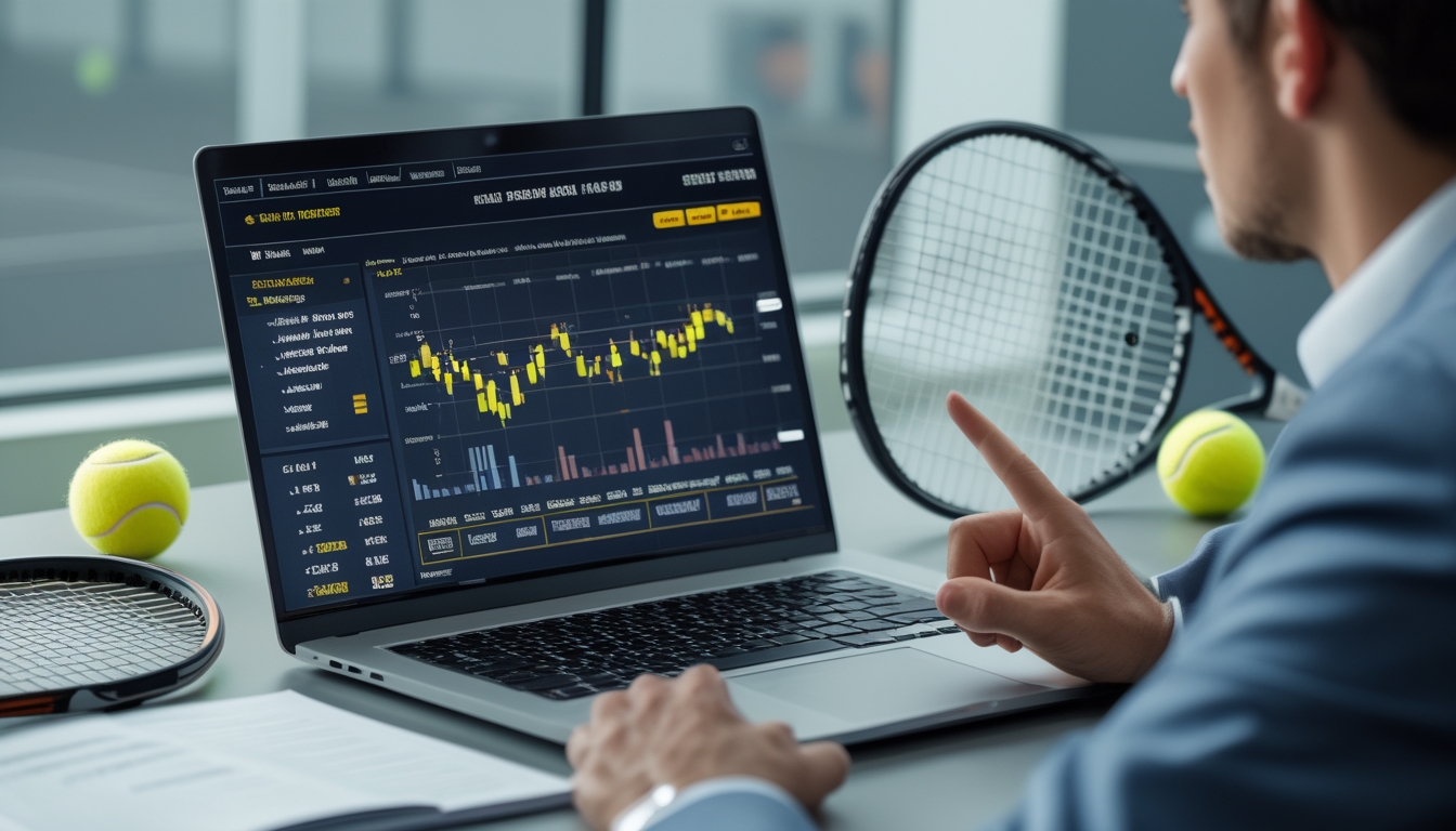 Seorang pria sedang menganalisis data taruhan tenis di depan laptop dengan raket dan bola tenis di meja.