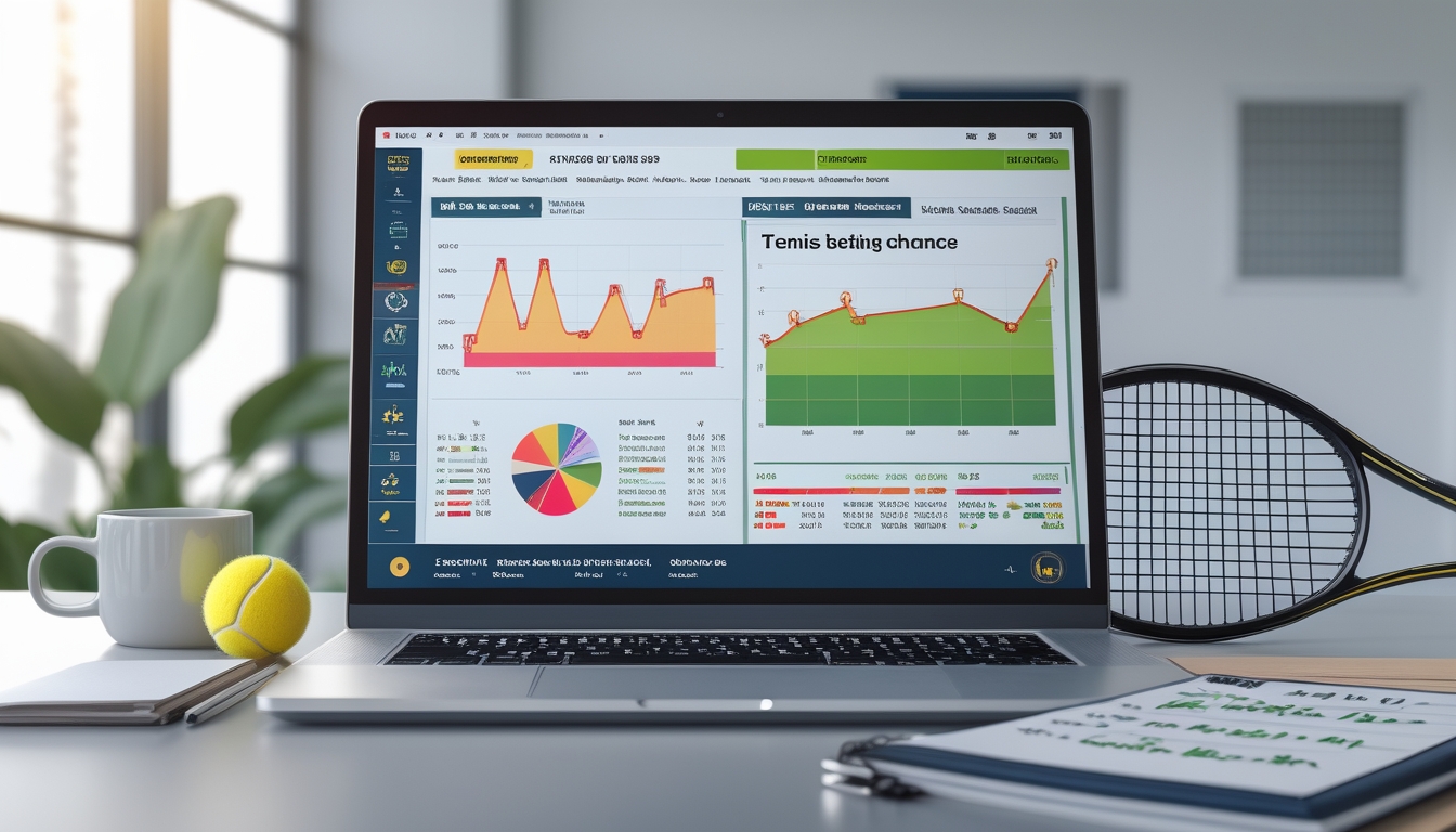 Meja kerja dengan laptop yang menampilkan grafik statistik tenis, bola tenis dan raket di sampingnya, serta secangkir kopi dan buku catatan dengan tulisan tangan.