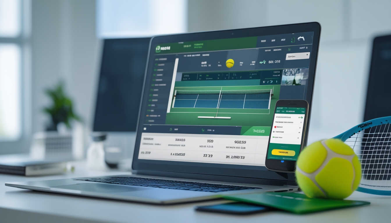 Seorang pria menggunakan laptop di meja dengan layar menampilkan statistik pertandingan tenis dan peluang taruhan, di samping terdapat kartu kredit dan ponsel yang menunjukkan notifikasi pembayaran berhasil.