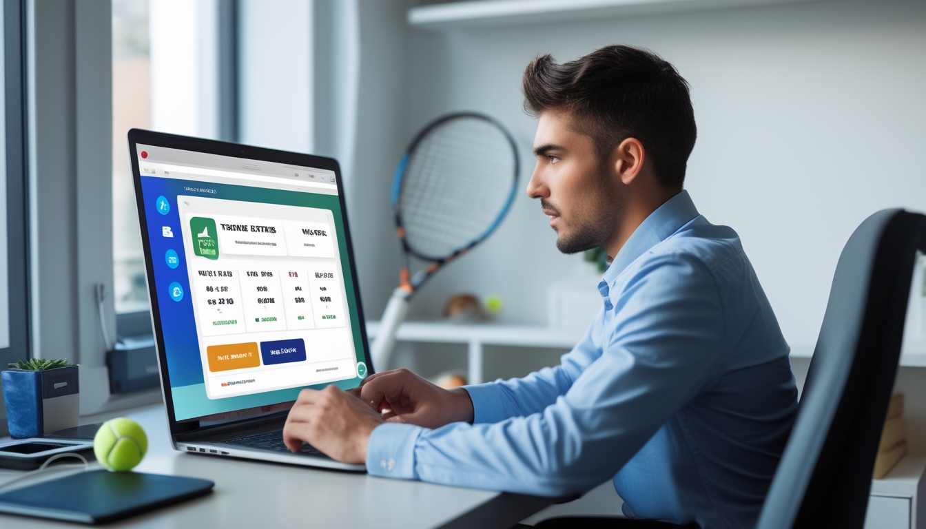 Seorang pria muda duduk di depan laptop dengan tampilan platform taruhan tenis di layar, di ruangan yang terang dengan rak berisi raket dan bola tenis di latar belakang.