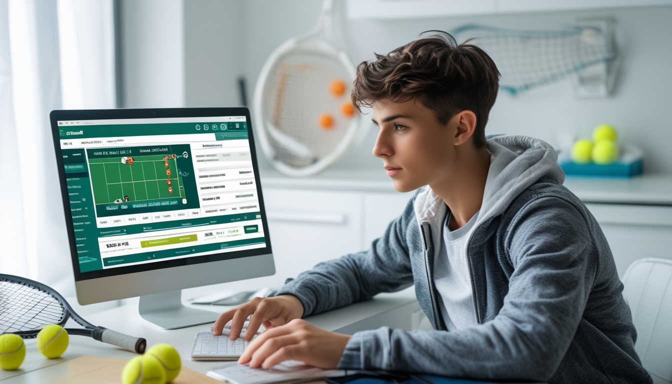Seorang pemain tenis pemula duduk di depan laptop sambil memegang raket tenis, melihat data taruhan tenis di layar komputer.