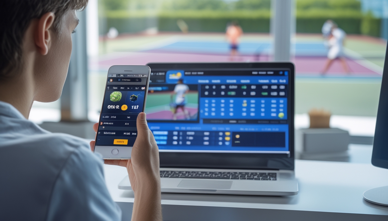 Seorang pemain tenis pemula sedang menggunakan ponsel dan laptop untuk bertaruh pada pertandingan tenis dengan lapangan tenis terlihat di latar belakang.