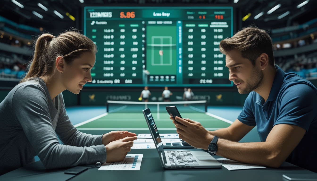 Dua orang sedang melihat layar dengan data pertandingan tenis langsung dan berdiskusi di depan lapangan tenis tempat pemain sedang bertanding.
