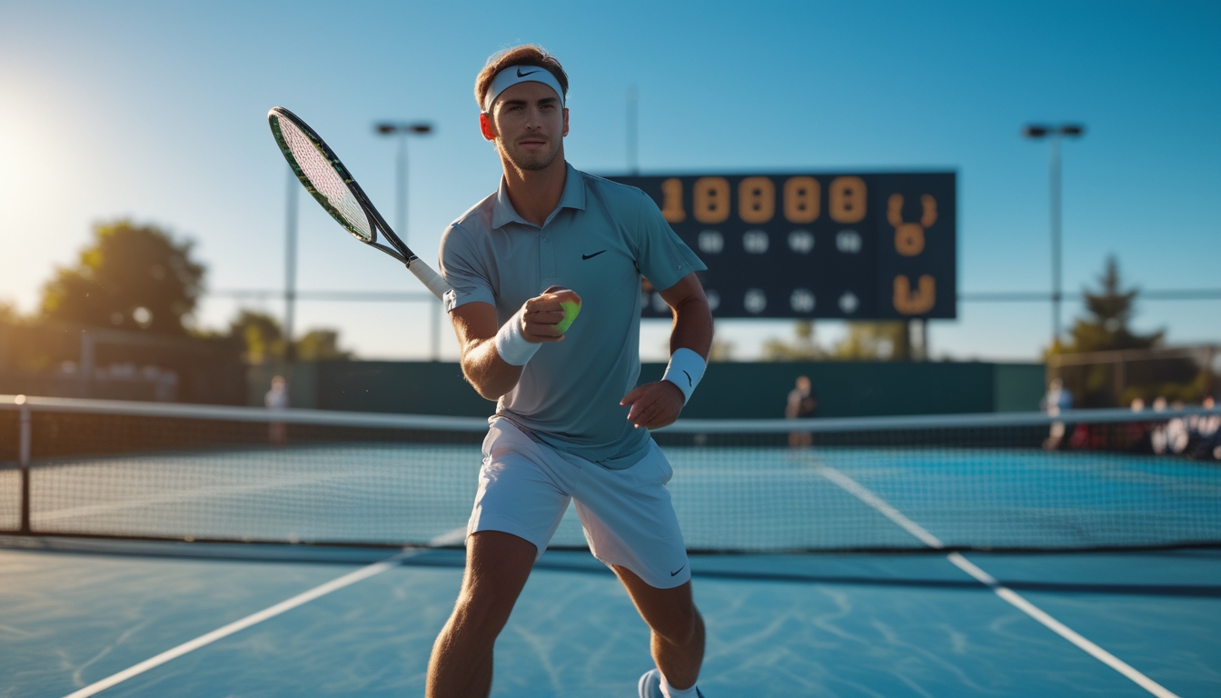 Seorang pemain tenis pria sedang bersiap memukul bola di lapangan tenis luar ruangan dengan latar belakang papan skor digital dan beberapa penonton.
