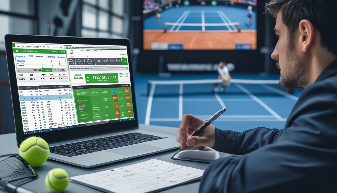 Seorang pria sedang menganalisis data taruhan tenis di depan laptop dengan bola tenis dan raket di meja, latar belakang menampilkan pertandingan tenis yang sedang berlangsung.