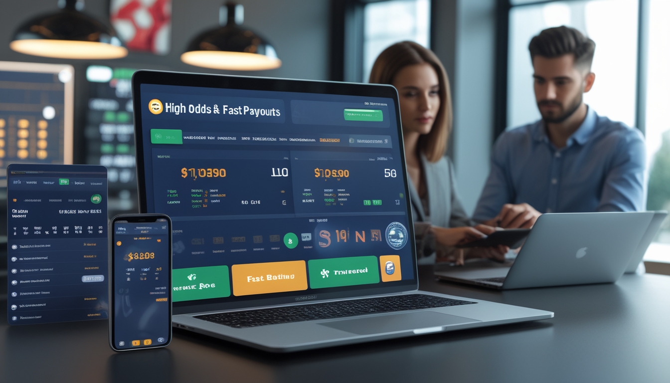 Seorang pria dan wanita sedang melihat layar perangkat digital yang menampilkan peluang taruhan olahraga tinggi dan pembayaran cepat di lingkungan kantor modern.