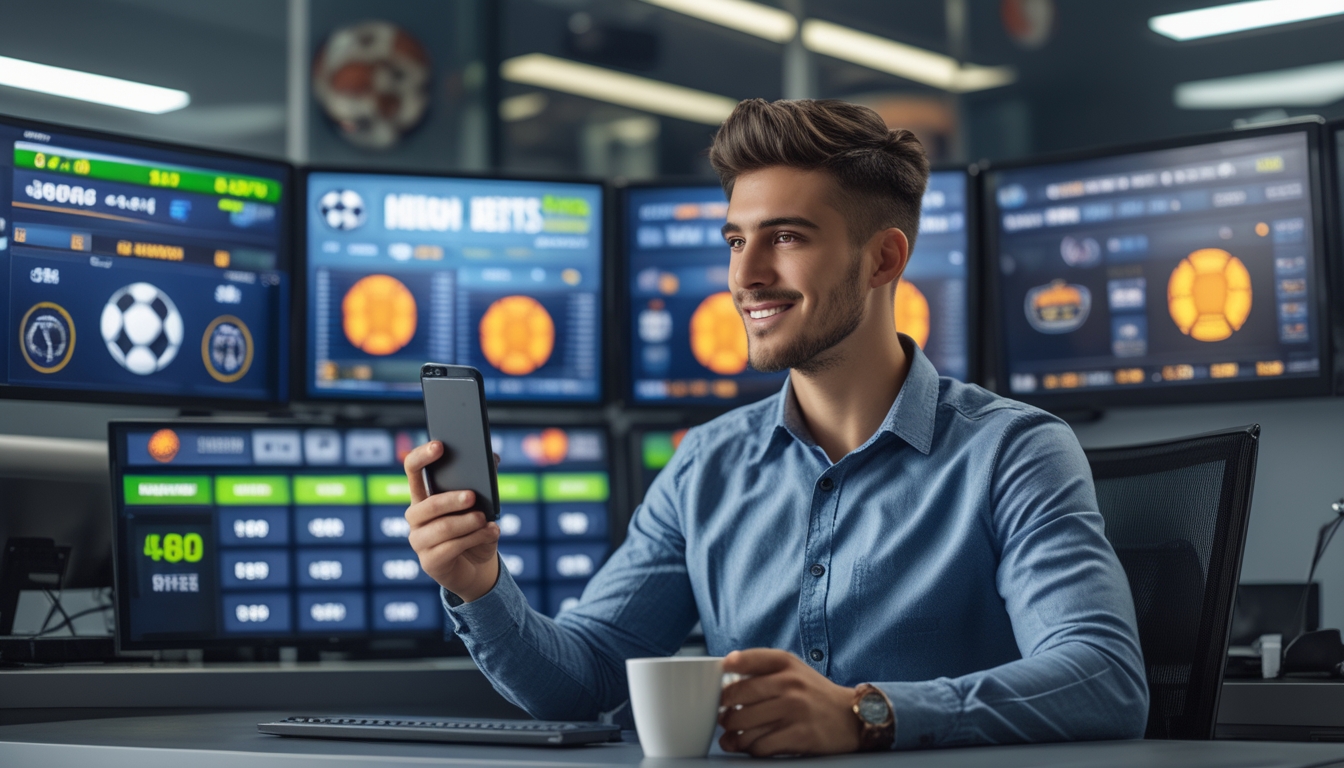 Seorang pria muda duduk di meja dengan beberapa layar digital menampilkan peluang taruhan olahraga tinggi, sambil memegang ponsel dan secangkir kopi.