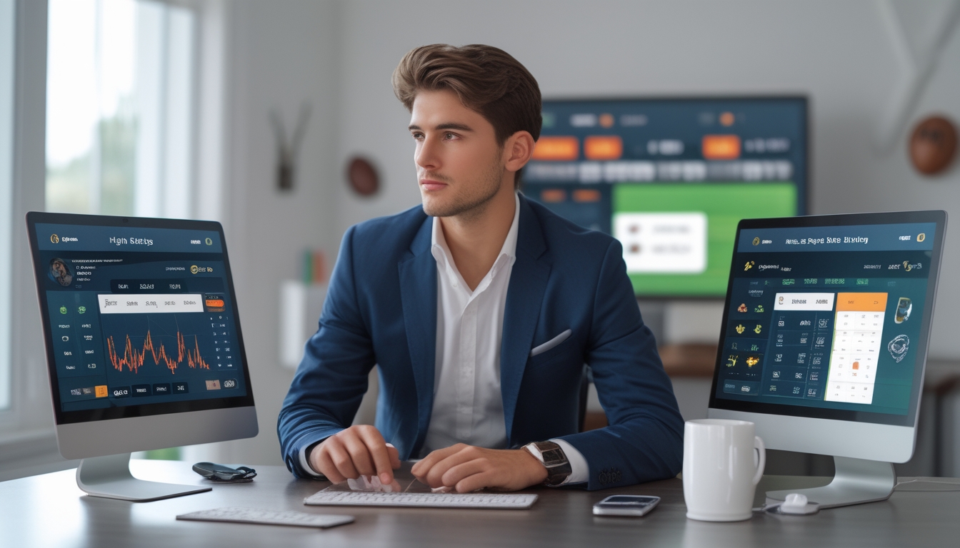 Seorang pria muda duduk di meja dengan beberapa perangkat digital yang menampilkan aplikasi taruhan olahraga dan data odds, terlihat fokus menganalisis informasi taruhan.