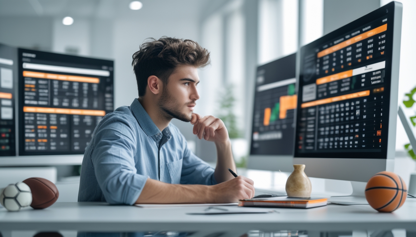 Seorang pria muda duduk di meja dengan beberapa layar menampilkan data taruhan olahraga dan grafik, sedang menganalisis pilihan taruhan.