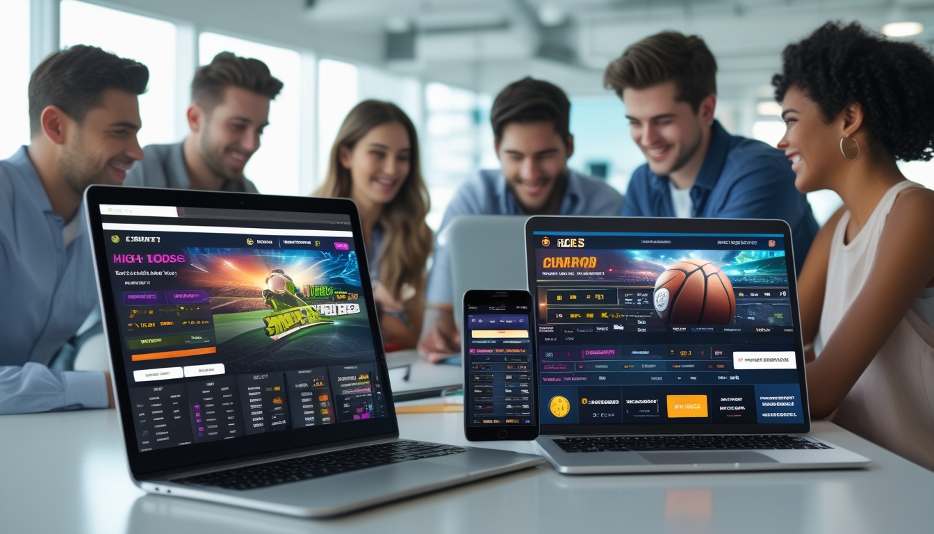 Sekelompok orang muda menggunakan perangkat digital untuk taruhan olahraga dengan grafik peluang dan jackpot di layar.