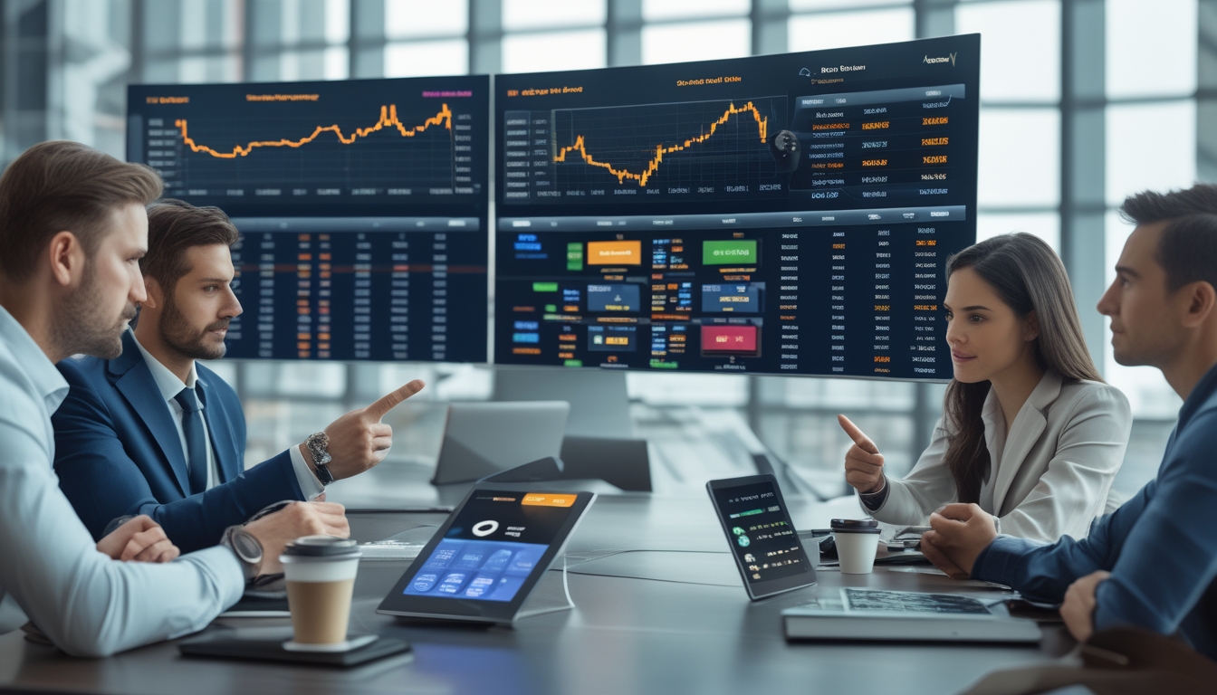 Beberapa orang sedang melihat layar digital besar dengan data taruhan olahraga dan grafik odds, tampak fokus dan berdiskusi di sebuah ruangan modern.