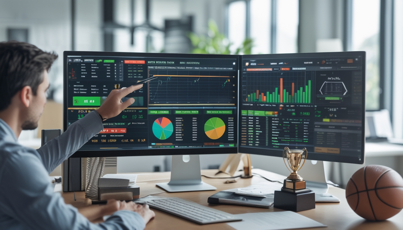 Seorang profesional sedang menganalisis data taruhan olahraga di meja kerja dengan beberapa layar yang menampilkan grafik dan peluang taruhan, dikelilingi oleh perlengkapan olahraga.