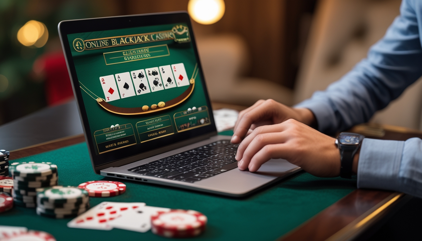 Seorang pemain sedang menggunakan laptop dengan tampilan meja blackjack online dan kartu serta chip poker di layar.