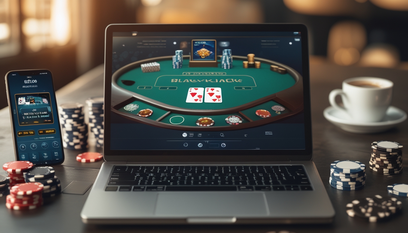 Seorang pemain sedang bermain blackjack online di laptop dengan kartu dan chip di meja, dikelilingi oleh smartphone dan cangkir kopi.