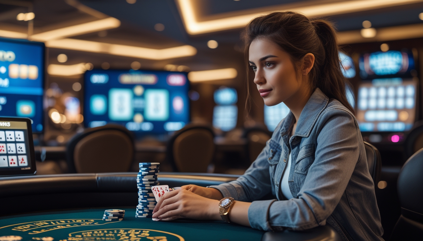 Seorang wanita muda duduk di meja kasino sambil memegang kartu blackjack dengan tumpukan chip di depannya.