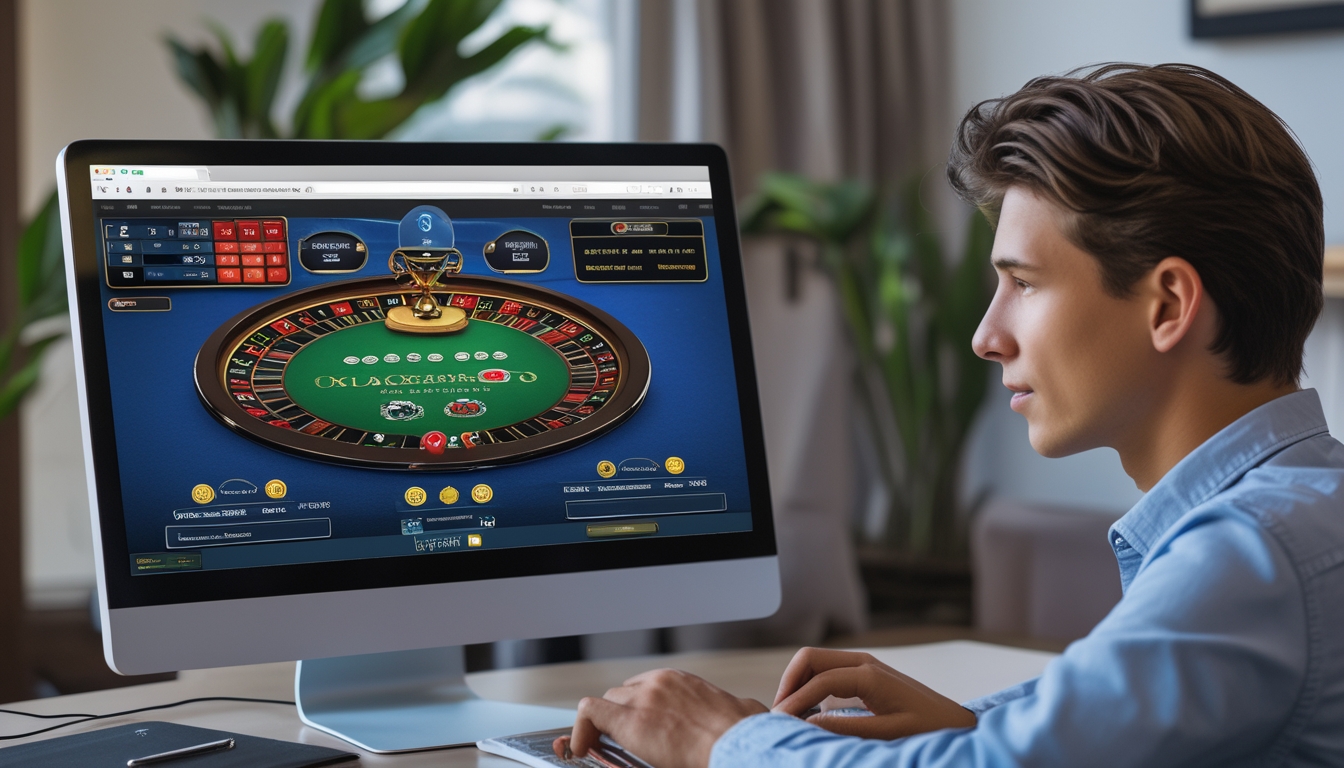 Seorang pemain muda sedang fokus bermain blackjack online di komputer di lingkungan rumah yang nyaman.