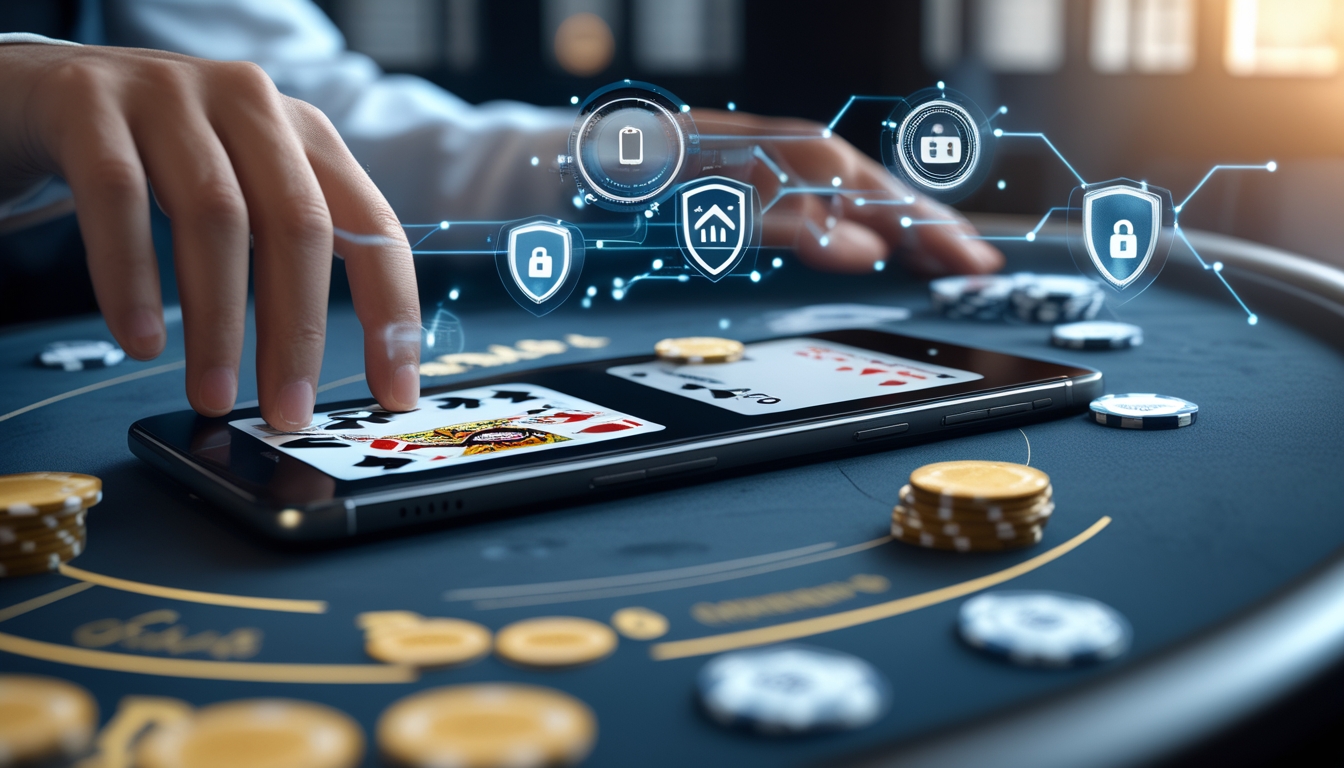 Layar komputer atau ponsel menampilkan meja blackjack digital dengan kartu dan chip, dikelilingi ikon pembayaran cepat dan simbol keamanan.