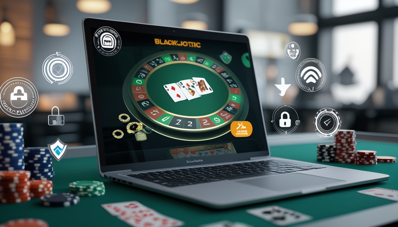 Seorang pengguna sedang bermain blackjack online di komputer dengan simbol keamanan dan pembayaran cepat di sekitar layar.