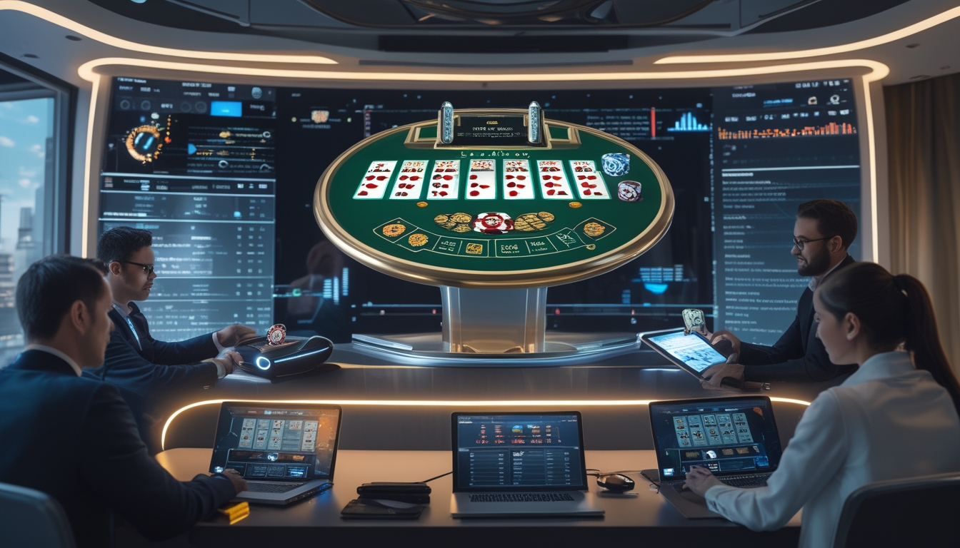 Beberapa orang bermain blackjack online menggunakan laptop dan ponsel di ruangan modern dengan layar besar menampilkan permainan blackjack.