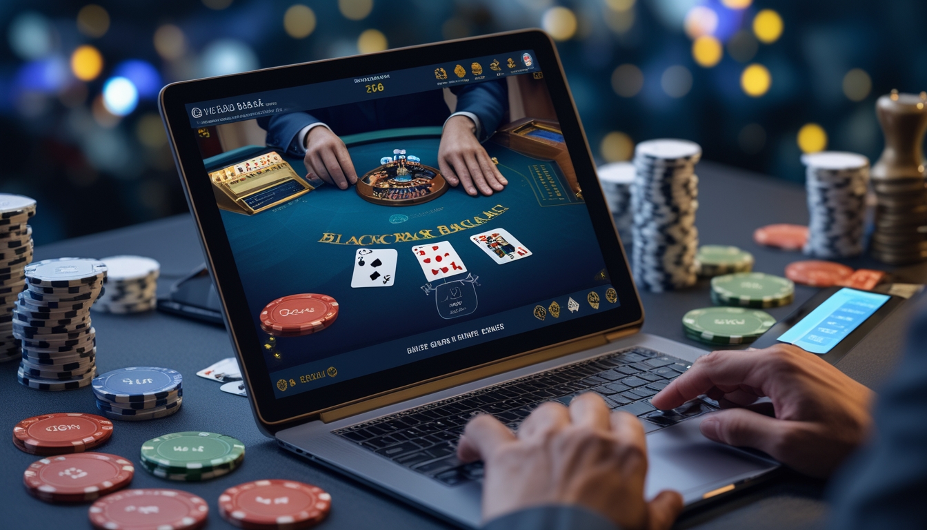 Seorang pemain menggunakan laptop untuk bermain blackjack online dengan kartu dan chip taruhan terlihat di layar.