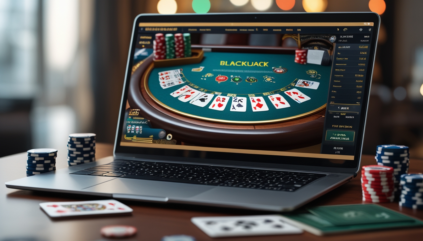 Seorang pemain sedang bermain blackjack online di laptop dengan kartu dan chip poker di sekitarnya.