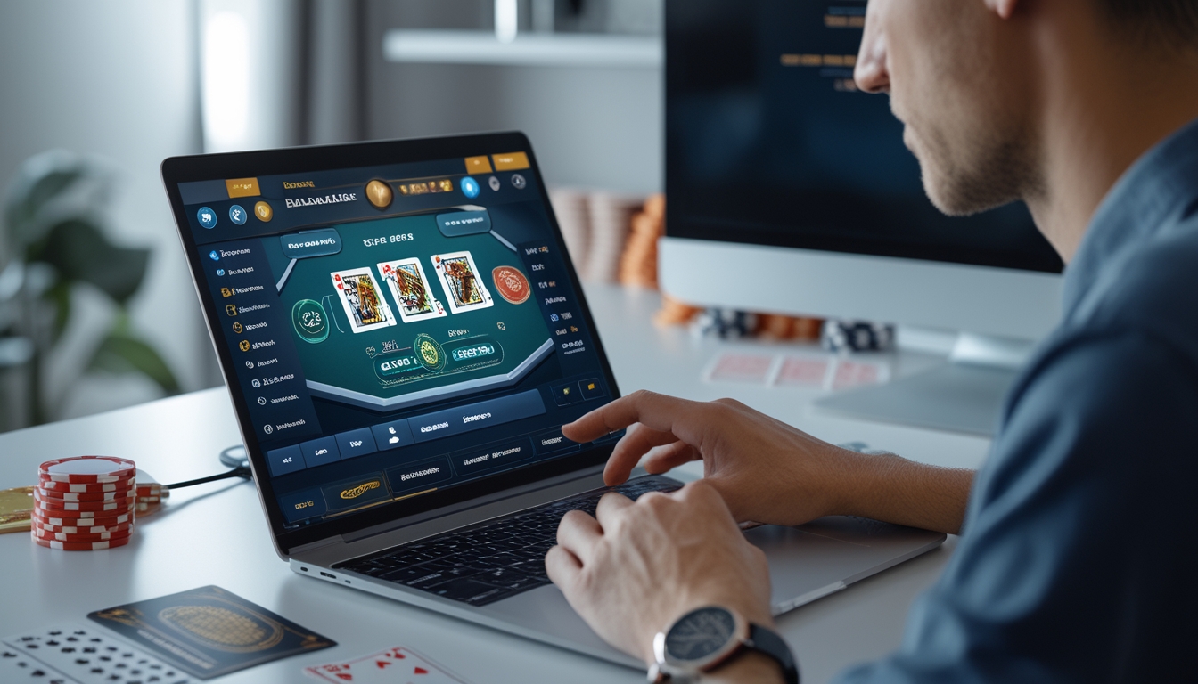 Seorang pemain dewasa sedang bermain blackjack online di komputer dengan tampilan meja blackjack digital dan chip di ruang bermain yang rapi.
