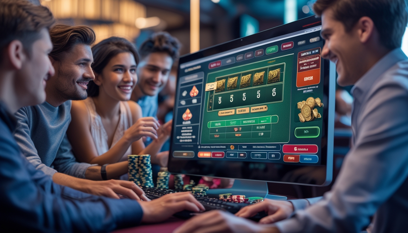 Beberapa orang bermain blackjack online di depan komputer dalam suasana kasino yang modern dan ramai.