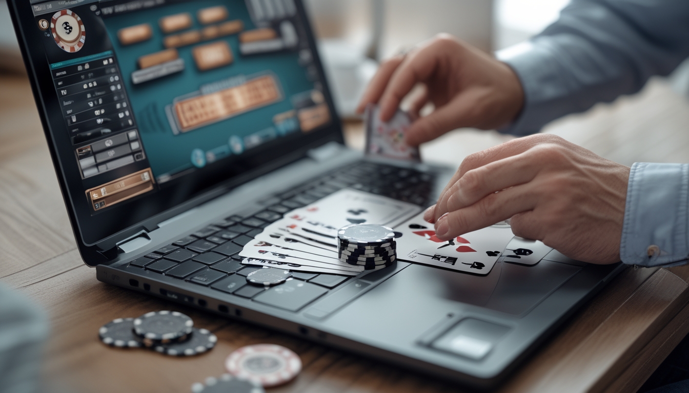 Seseorang bermain blackjack online di komputer dengan meja kartu dan chip terlihat di layar.