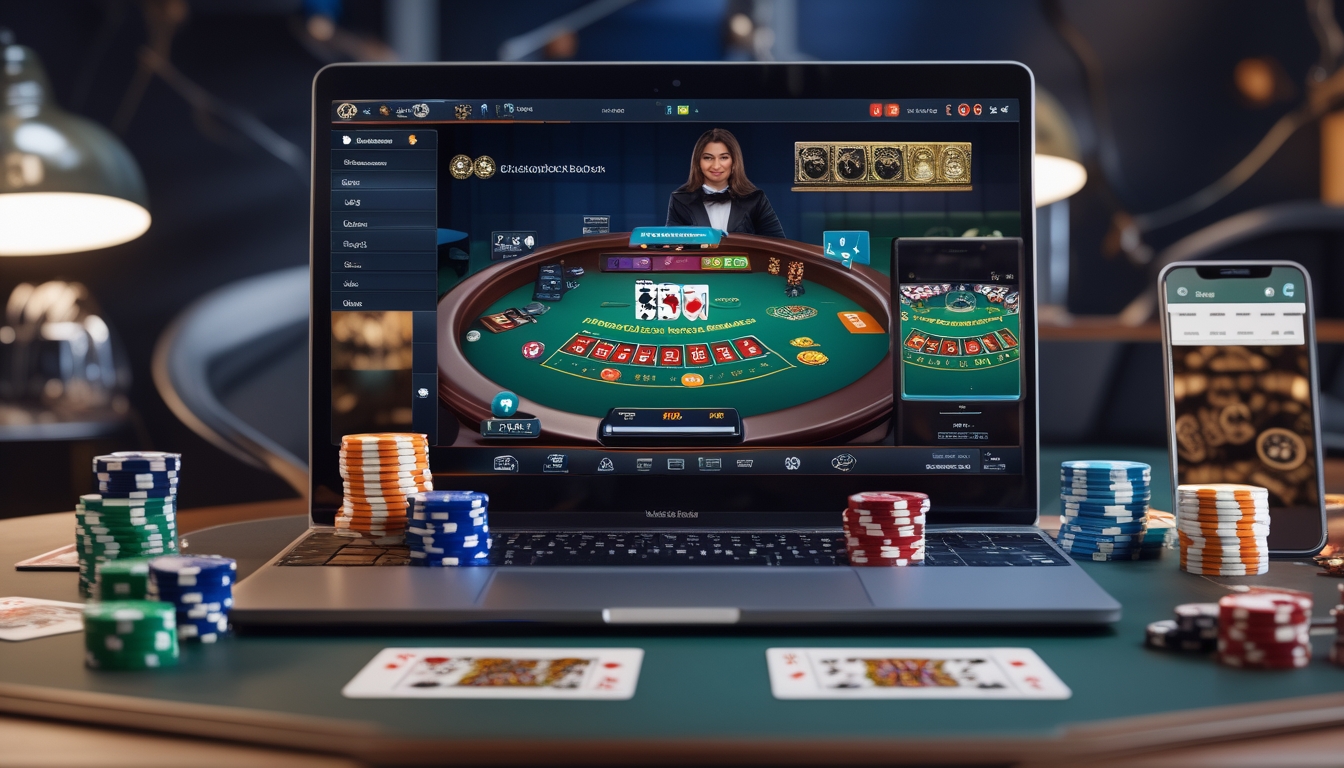 Seorang pemain sedang bermain blackjack online di laptop dengan chip poker dan kartu di meja.