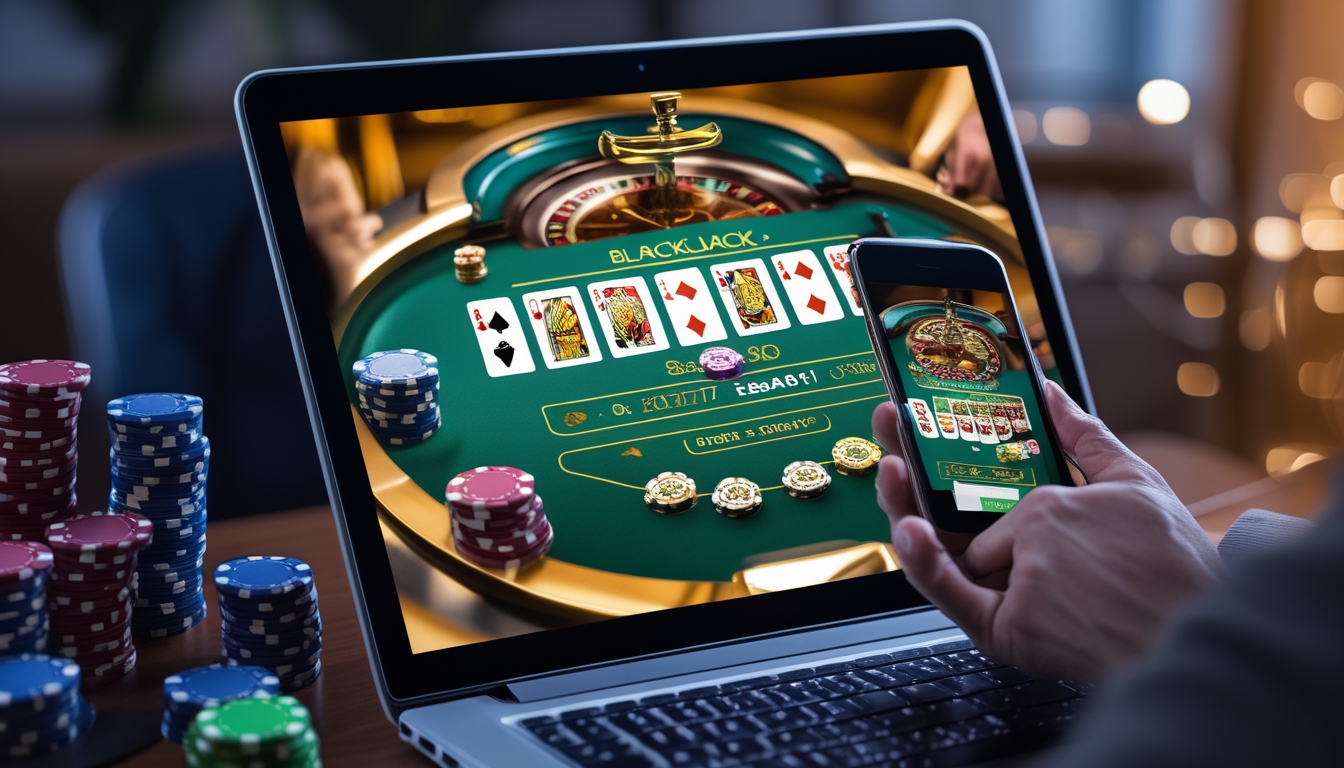 Seorang pemain muda yang sedang bermain blackjack online di laptop dengan tumpukan chip poker di sekitarnya.