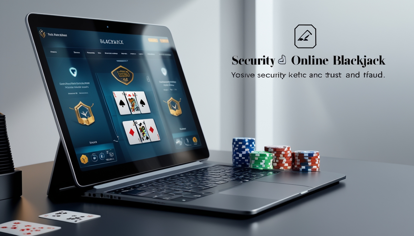 Seorang pengguna duduk di depan komputer dengan permainan blackjack online di layar, dikelilingi simbol keamanan seperti gembok dan tanda centang terverifikasi.