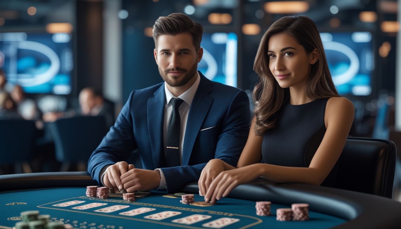 Seorang pria dan wanita duduk di meja blackjack dengan kartu dan chip, menunjukkan suasana kasino online yang aman dan profesional.