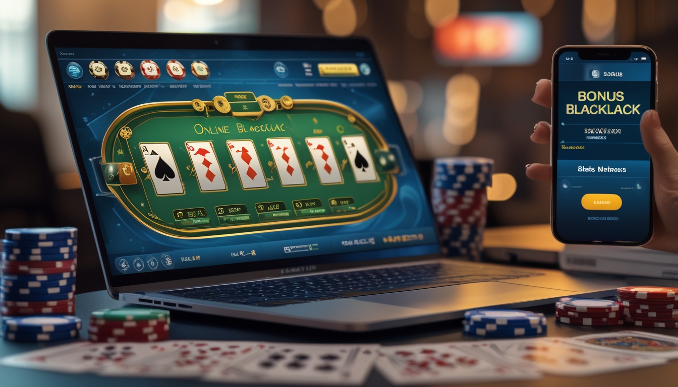 Seorang pemain menggunakan laptop untuk bermain blackjack online dengan chip dan kartu di sekitar perangkat, menunjukkan suasana kasino digital.