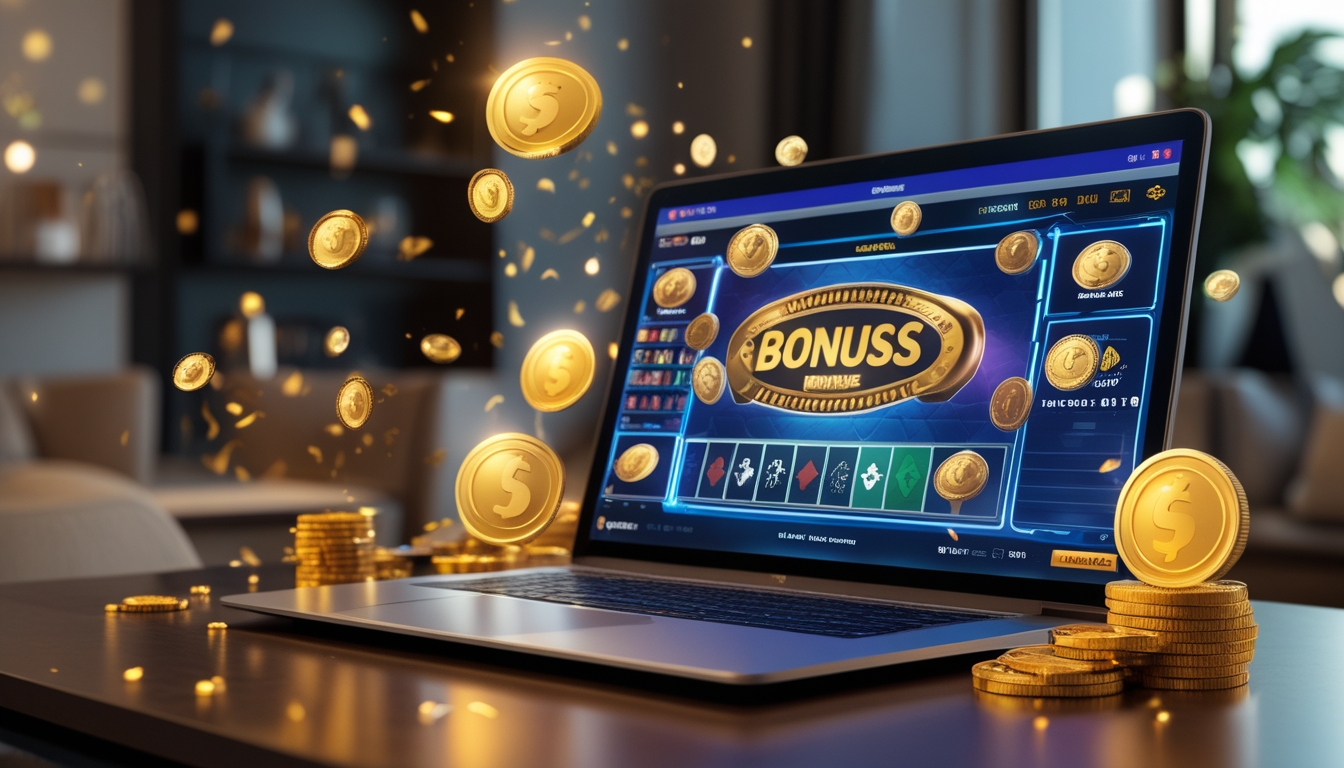Seorang pemain menggunakan laptop menampilkan permainan blackjack online dengan tumpukan chip dan koin bonus di sekitarnya.