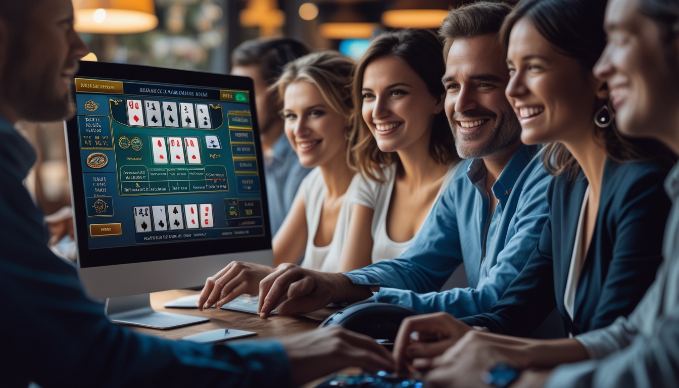 Beberapa orang sedang bermain blackjack online di depan komputer dengan ekspresi fokus dan senang.