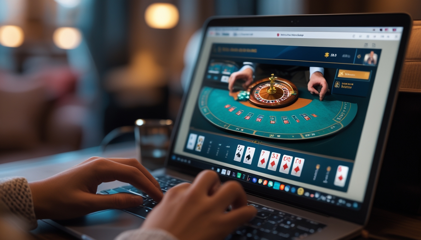 Seseorang bermain blackjack online di komputer dengan kartu dan chip terlihat di layar.