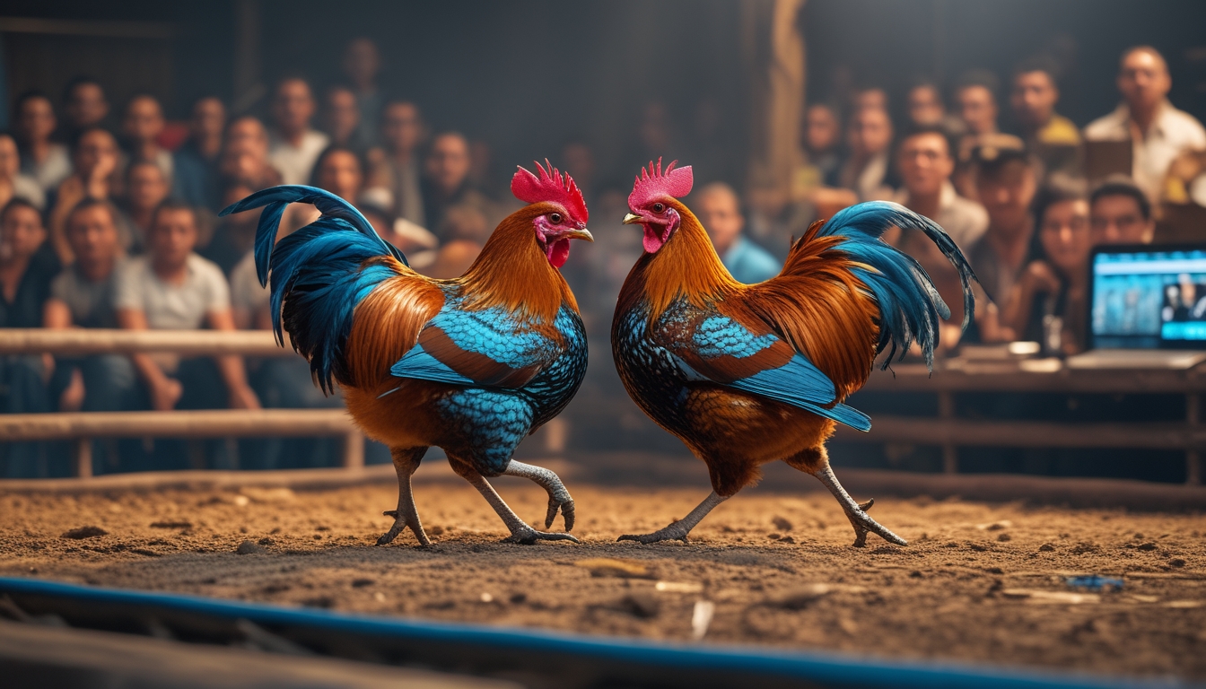 Pertandingan ayam aduan sedang berlangsung dengan dua ayam bertarung dan penonton ramai menyaksikan.