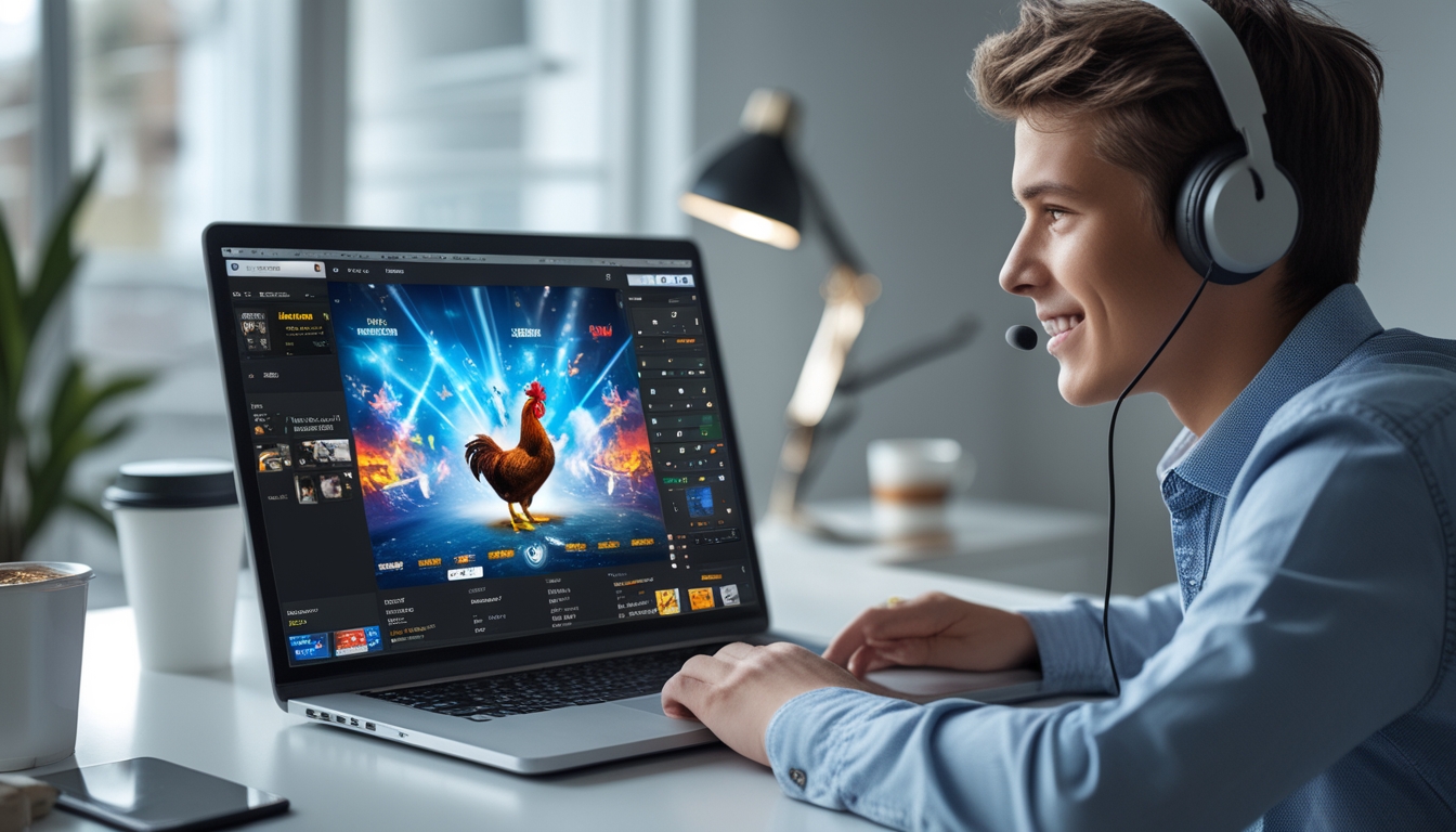 Seseorang sedang menggunakan laptop di meja kerja dengan tampilan layar yang menunjukkan pertandingan ayam aduan online.