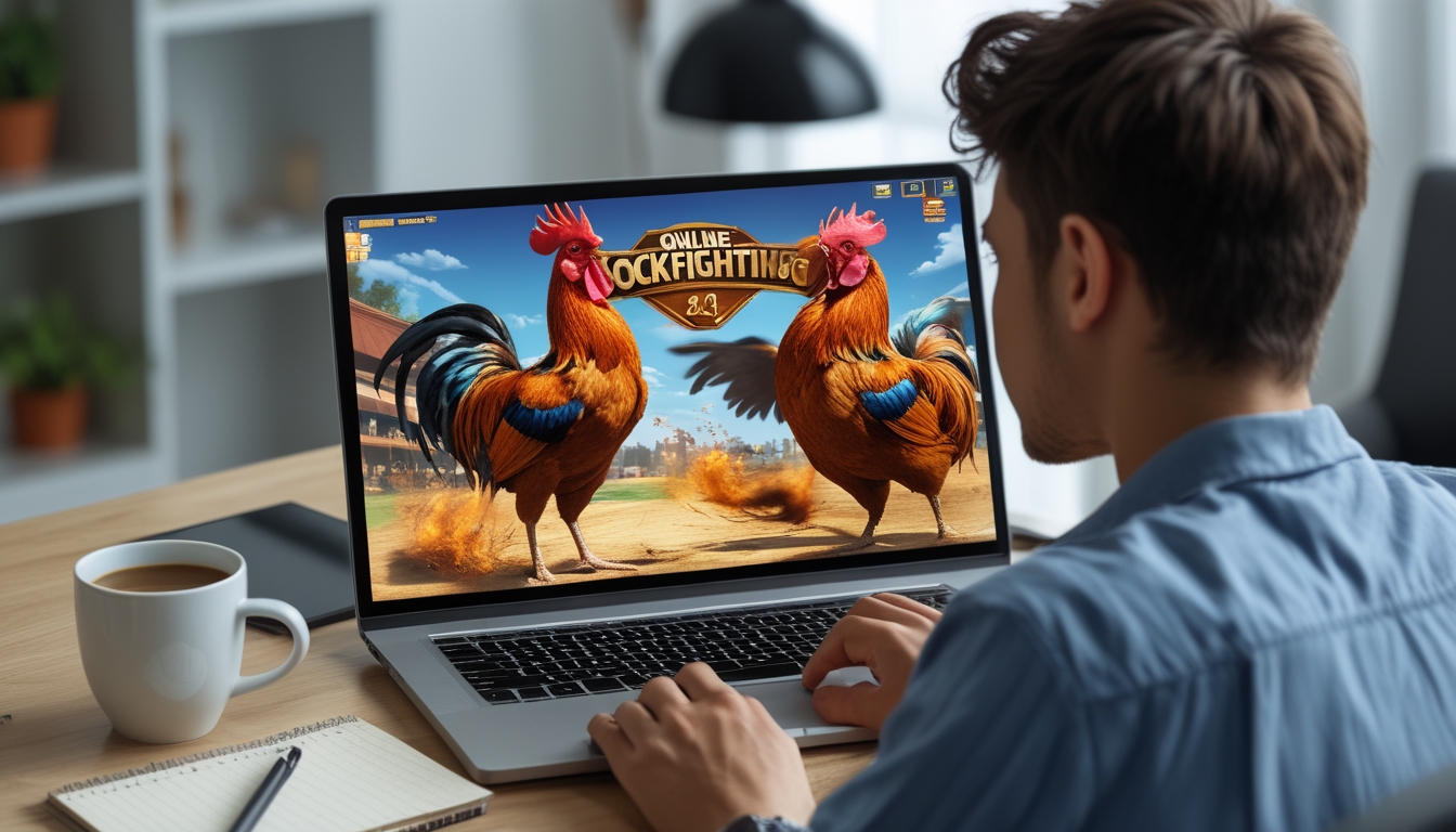 Seorang pria muda sedang fokus bermain permainan sabung ayam online di depan laptop di sebuah ruangan yang rapi.