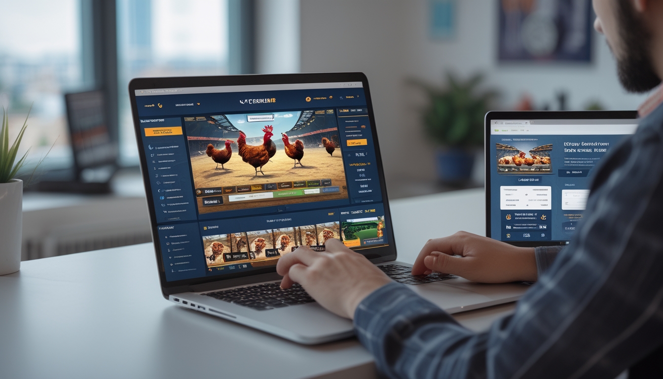 Seseorang menggunakan laptop dengan situs sabung ayam online yang menampilkan ayam jago di arena virtual, di meja kerja yang rapi dengan jam yang menunjukkan waktu malam.