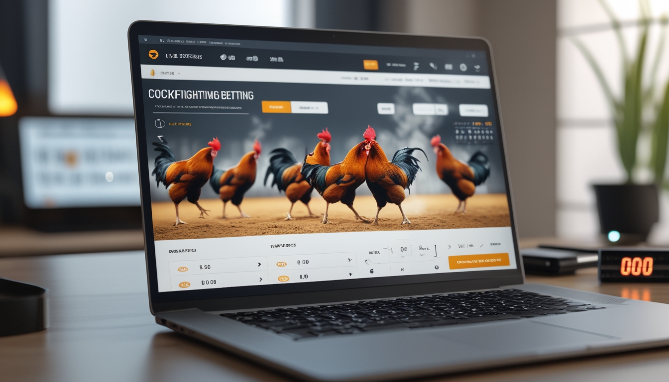 Seorang pengguna sedang melihat layar perangkat dengan tampilan antarmuka taruhan sabung ayam online di ruang kerja yang terang dan modern.