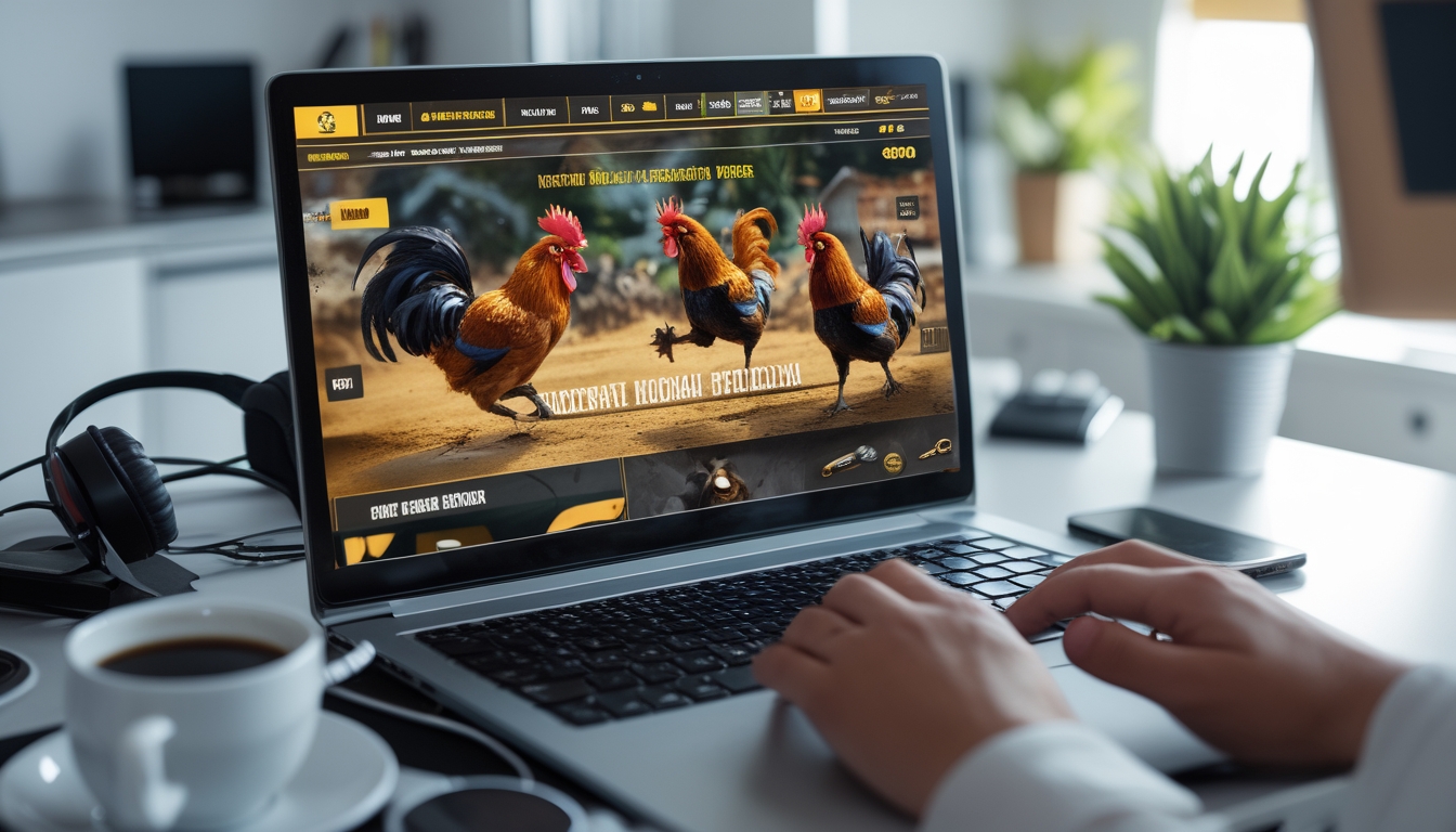 Seorang pengguna sedang berinteraksi dengan komputer yang menampilkan pertandingan sabung ayam online di ruang kerja yang terang dan rapi.