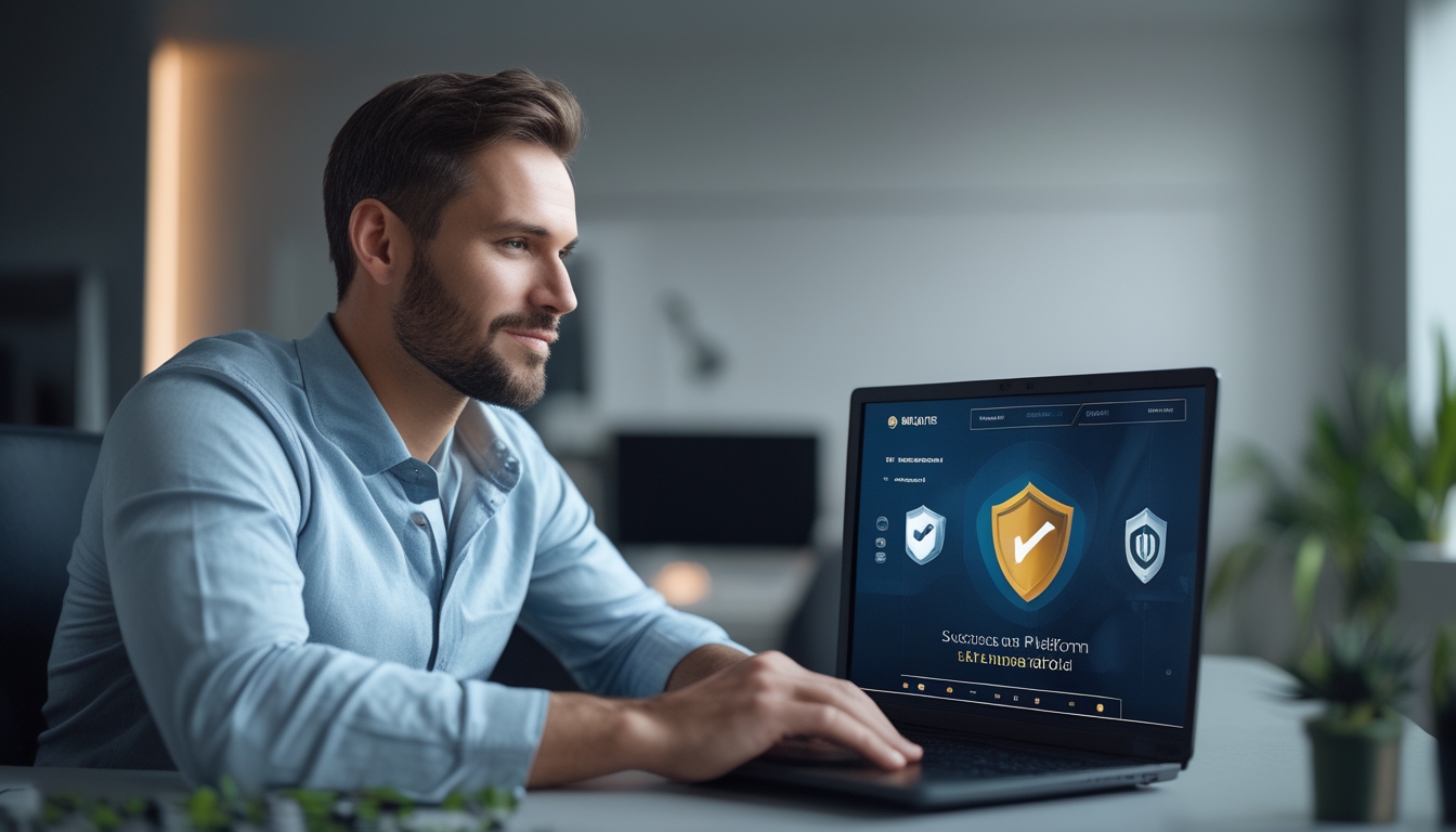 Seorang pria menggunakan laptop di ruang kerja modern yang terang, menunjukkan suasana aman dan nyaman untuk aktivitas online.