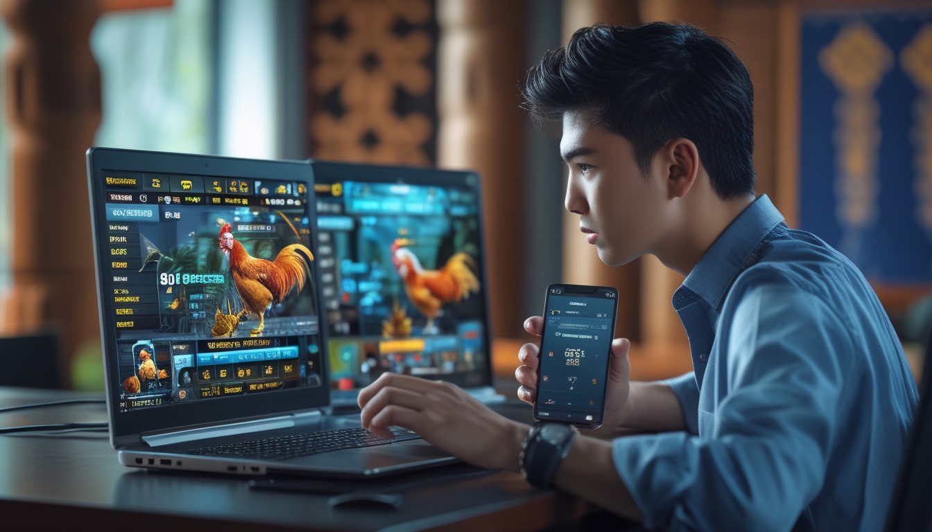Seorang dewasa muda duduk di depan laptop dan ponsel, fokus mengikuti pertandingan sabung ayam online di ruang kerja modern dengan latar belakang budaya Asia Tenggara.