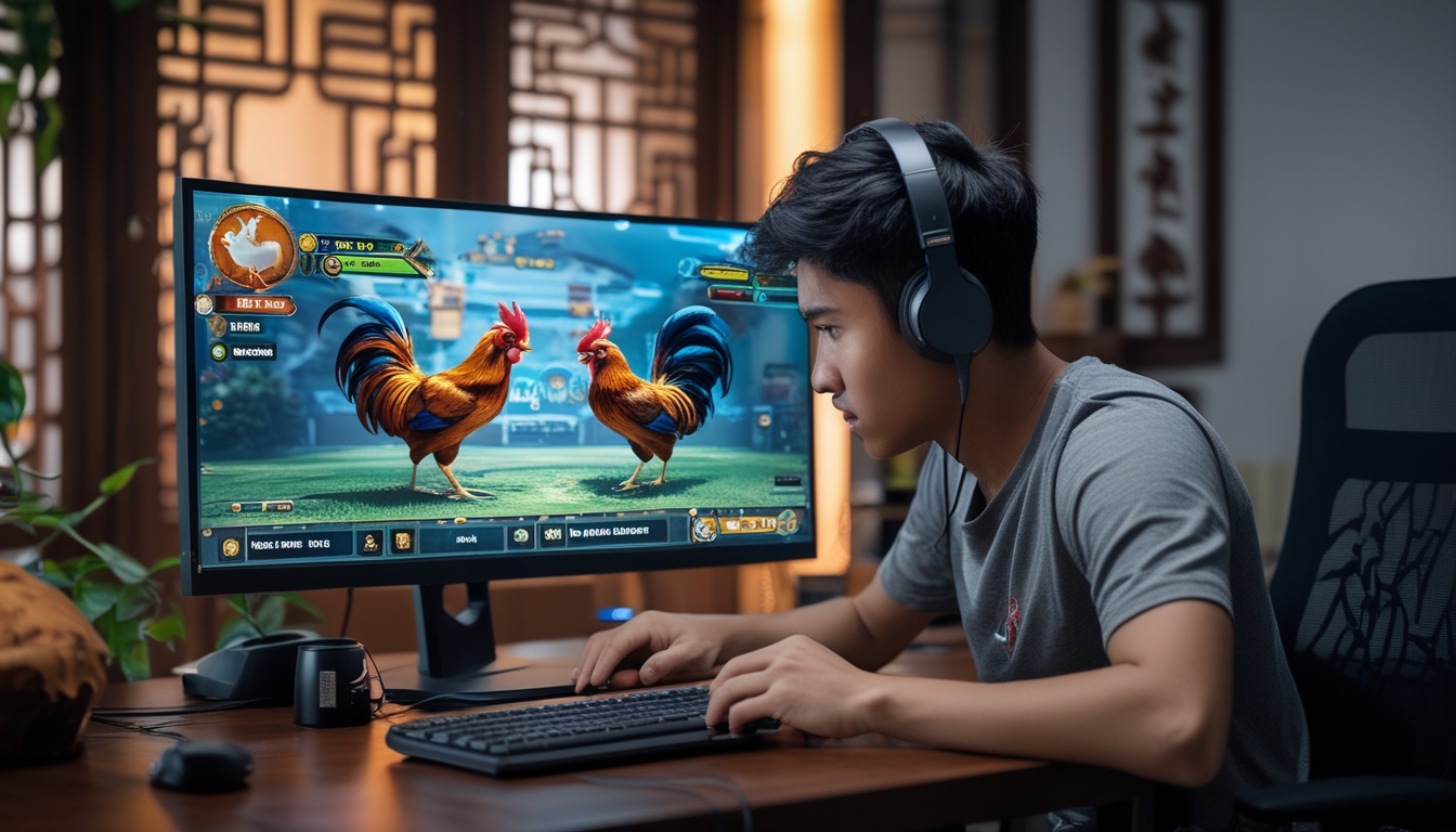 Seorang pria muda fokus bermain pertandingan sabung ayam digital di komputer di ruang kerja rumah.