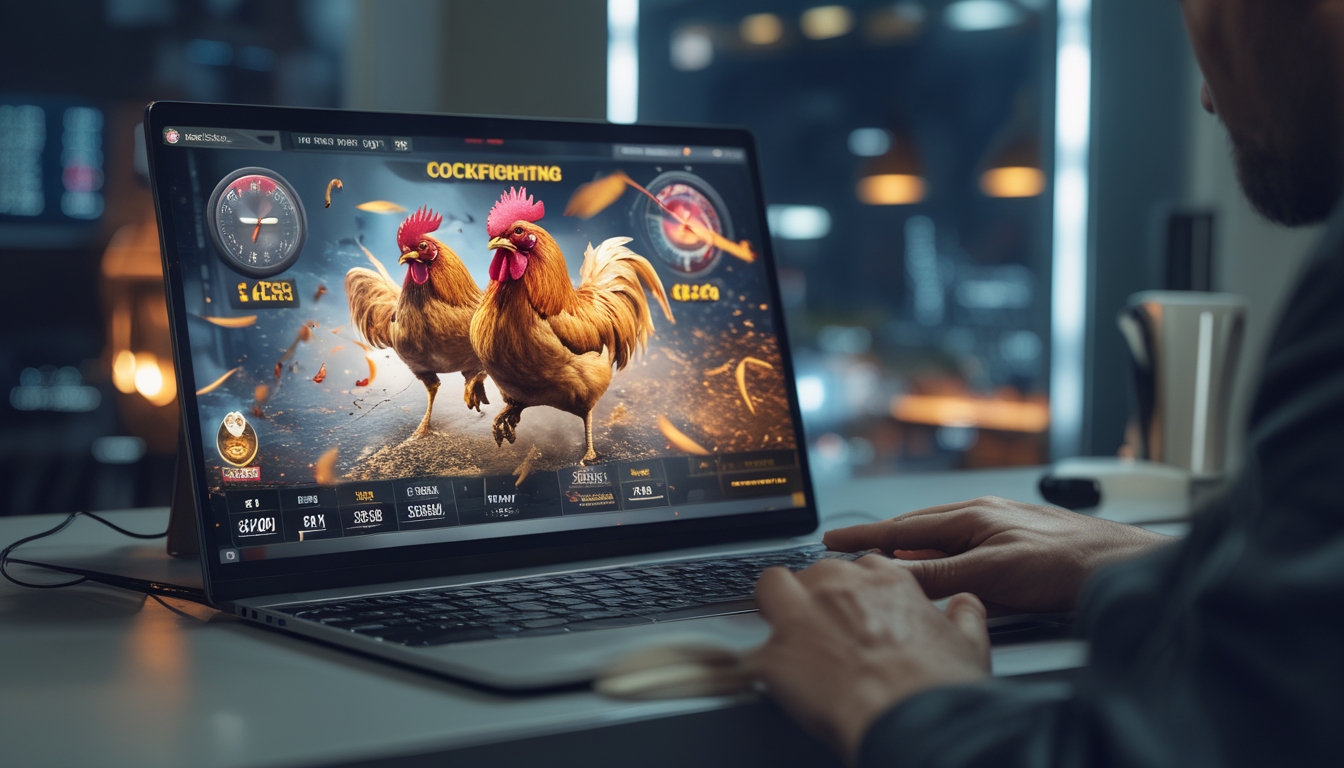 Seseorang menggunakan laptop atau ponsel untuk bermain sabung ayam online di ruang kerja yang terang dengan pemandangan kota malam di latar belakang.