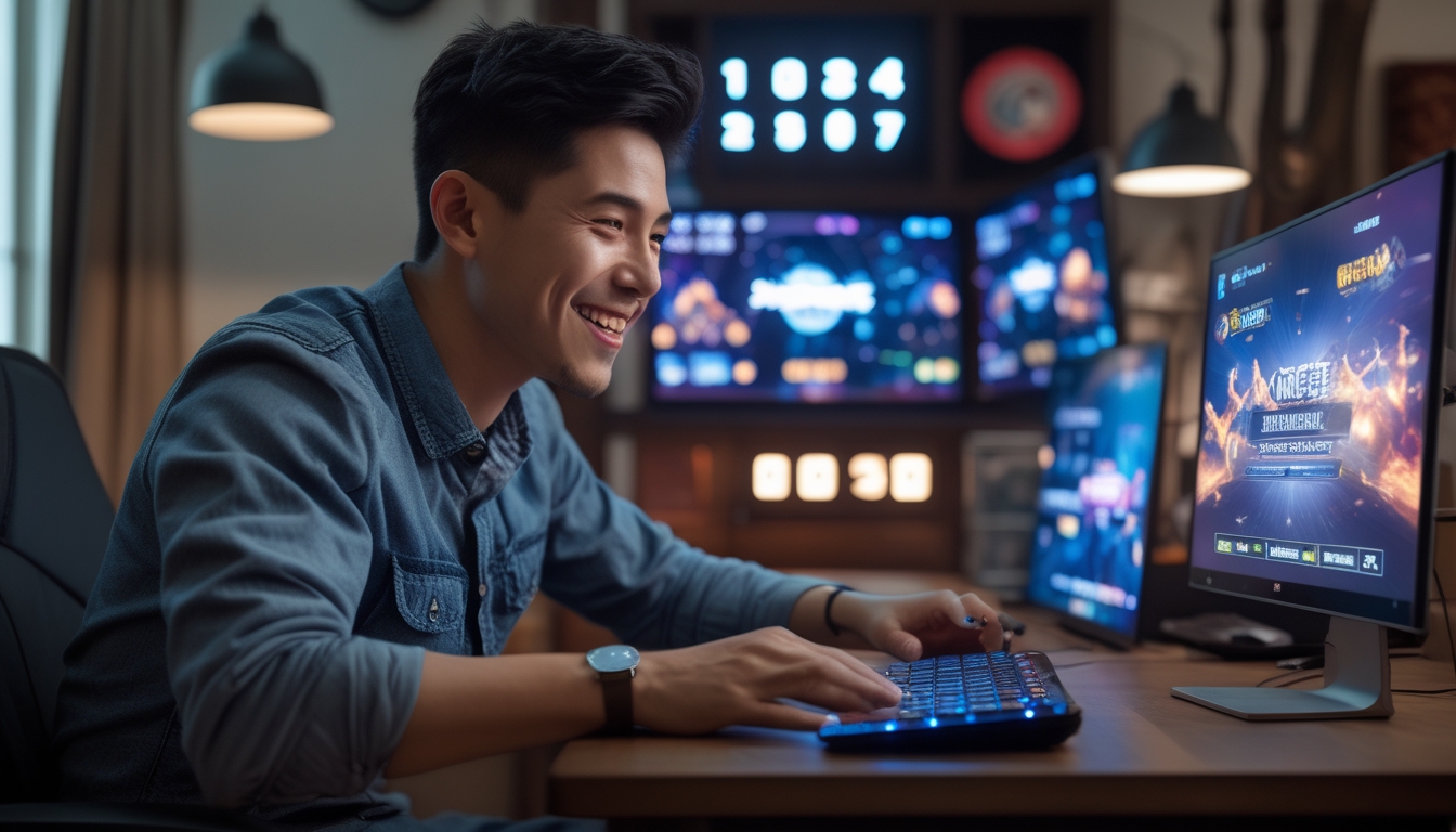 Seorang pria muda duduk di depan laptop di ruangan yang nyaman, terlihat fokus dan bersemangat bermain permainan online sepanjang hari.