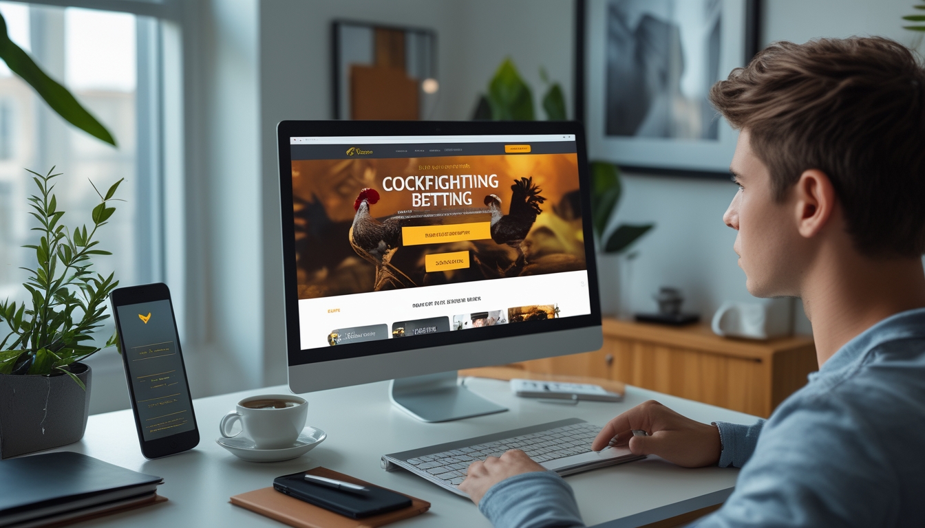 Seseorang duduk di depan laptop di meja kerja dengan suasana ruangan yang terang, fokus pada layar yang menampilkan situs taruhan sabung ayam online.