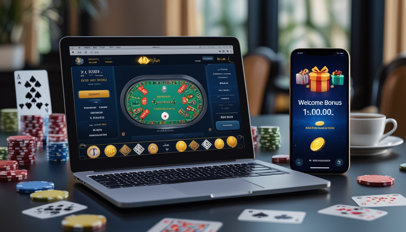 Seorang pengguna sedang bermain baccarat online di laptop dengan ponsel yang menunjukkan notifikasi bonus, di atas meja dengan kartu dan chip kasino.