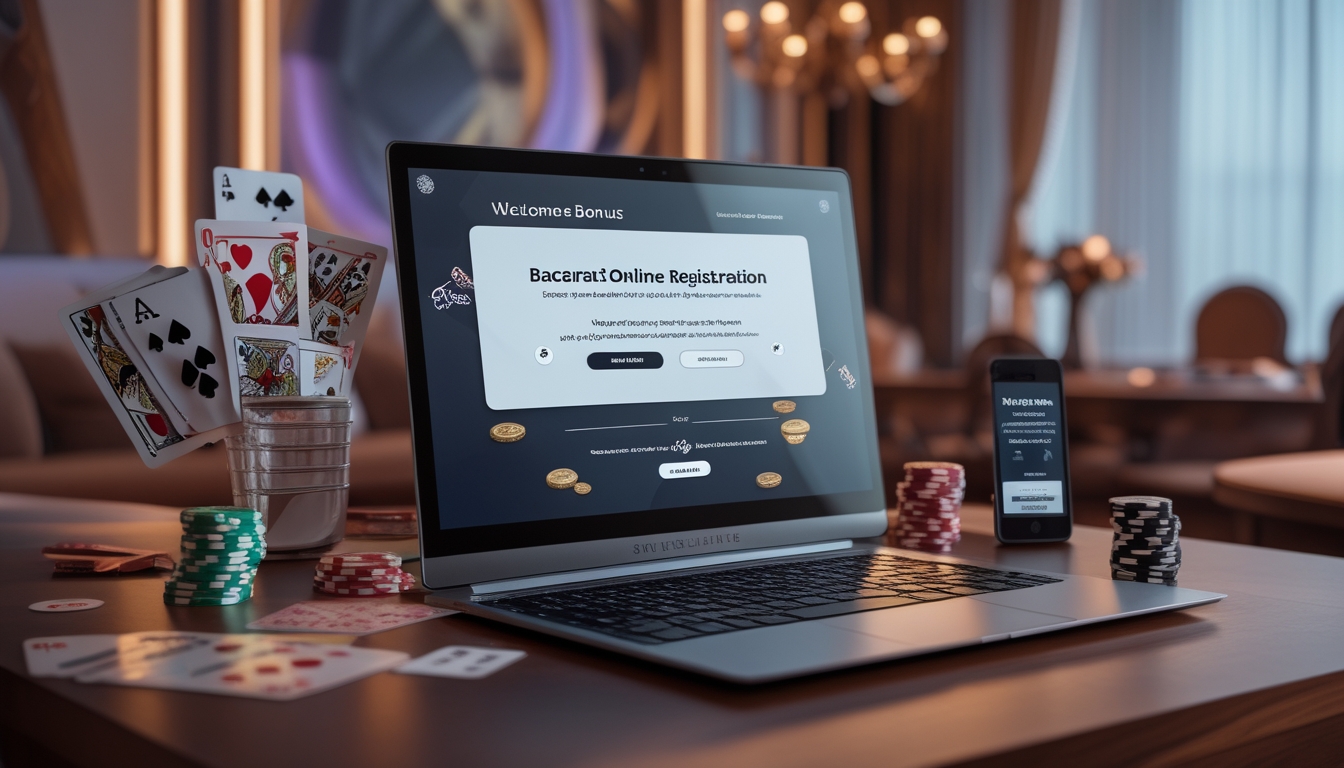 Seseorang sedang mendaftar akun baccarat online di depan komputer dengan kartu remi dan chip kasino di sekitar meja.